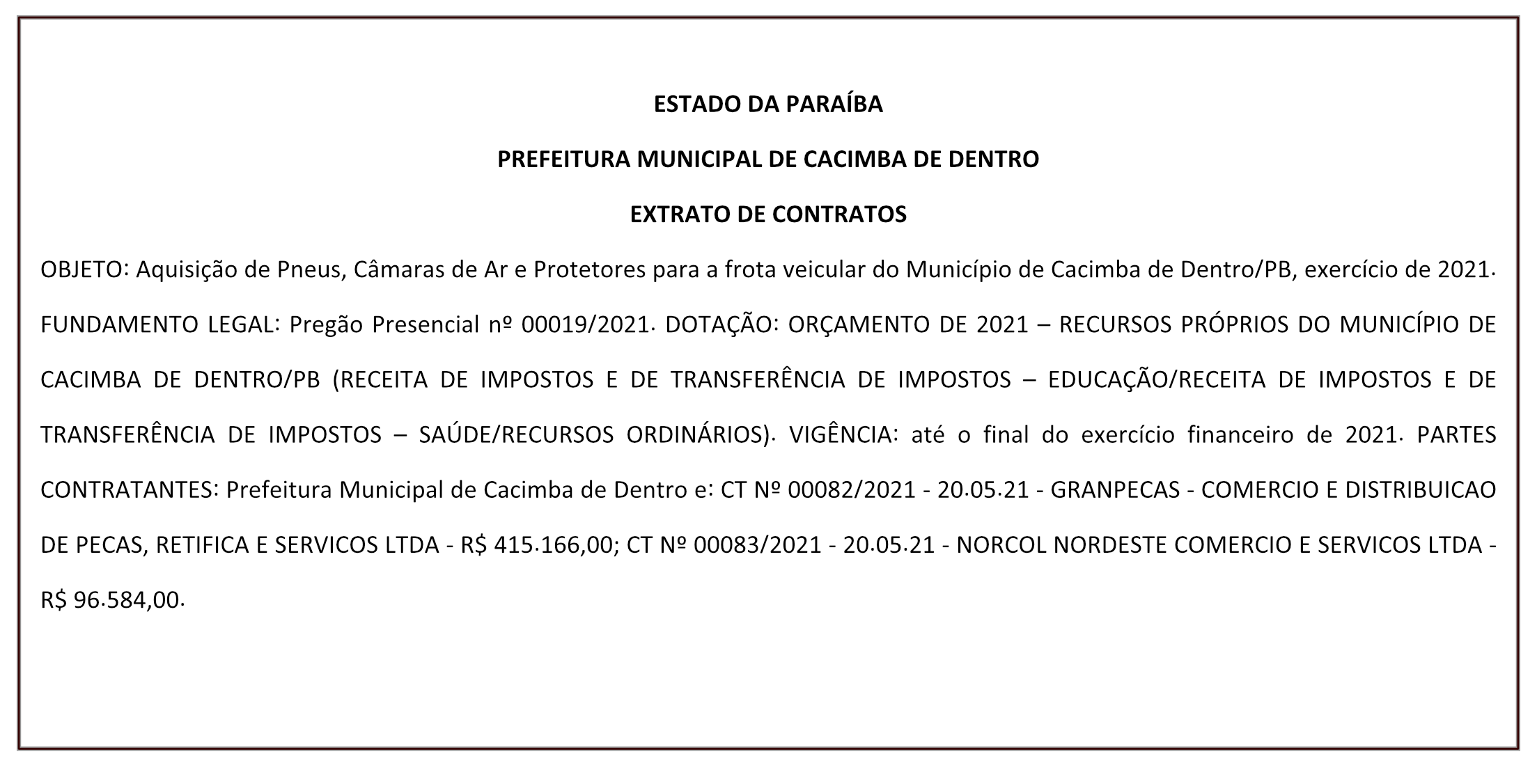 PREFEITURA MUNICIPAL DE CACIMBA DE DENTRO – EXTRATO DE CONTRATOS