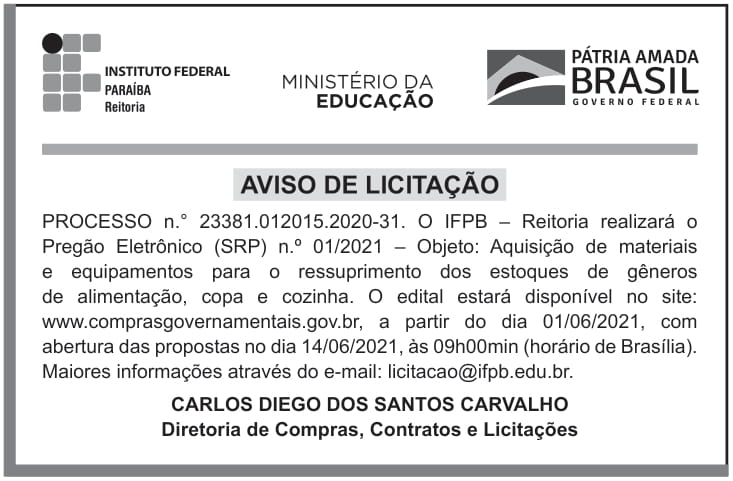 IFPB Reitoria – Edital – Pregão Eletrônico (SRP) n.º 01/2021