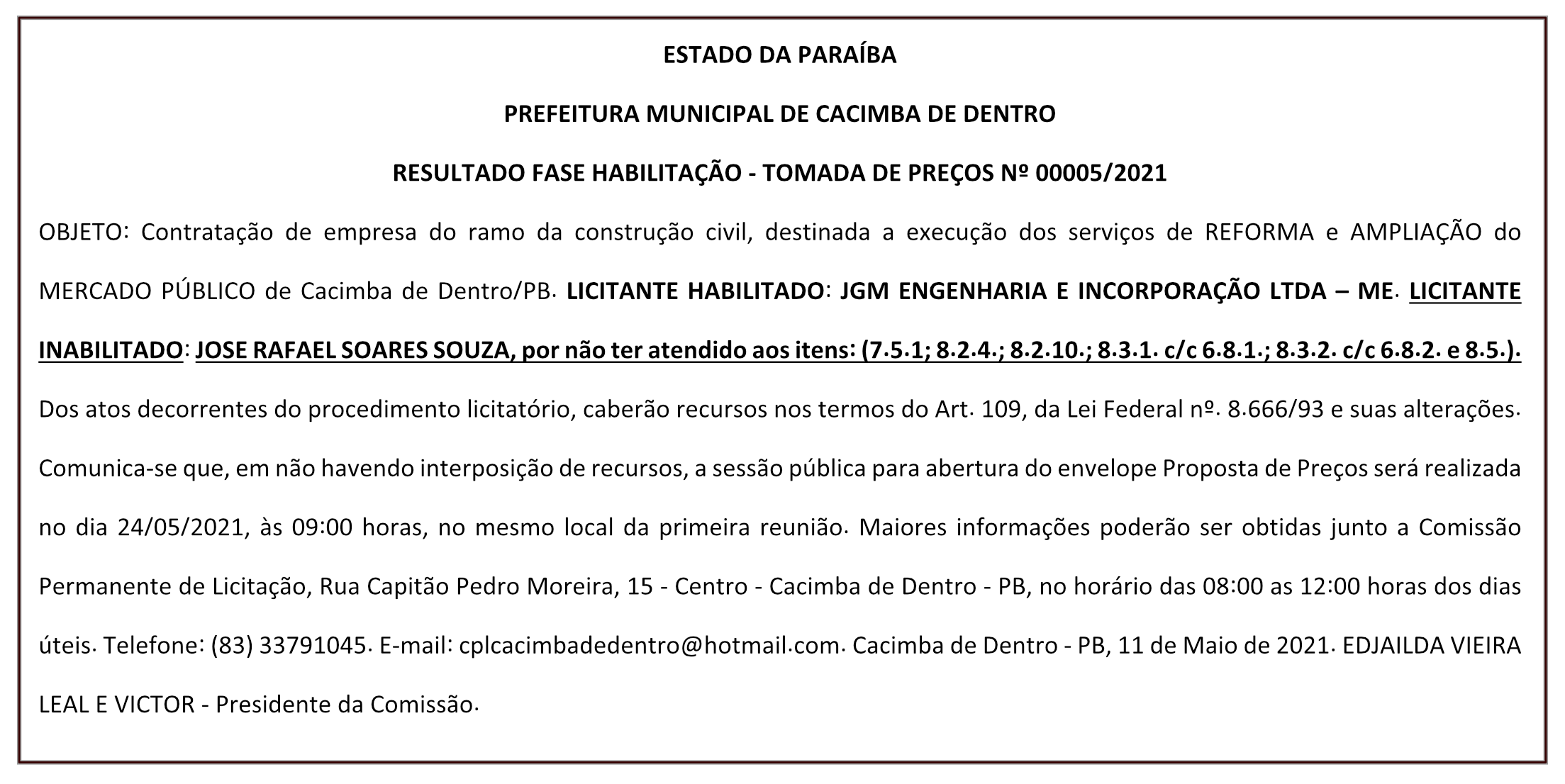 PREFEITURA MUNICIPAL DE CACIMBA DE DENTRO – RESULTADO FASE HABILITAÇÃO – TOMADA DE PREÇOS Nº 00005/2021