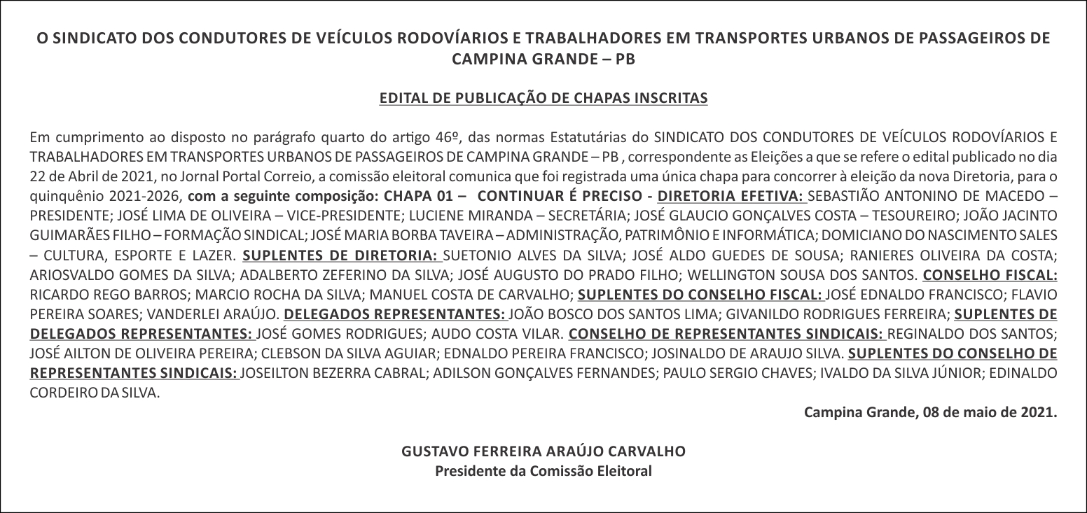 SINDICATO DOS CONDUTORES DE VEÍCULOS RODOVÍARIOS E TRABALHADORES EM TRANSPORTES URBANOS DE PASSAGEIROS DE CAMPINA GRANDE – PB – EDITAL DE PUBLICAÇÃO DE CHAPAS INSCRITAS