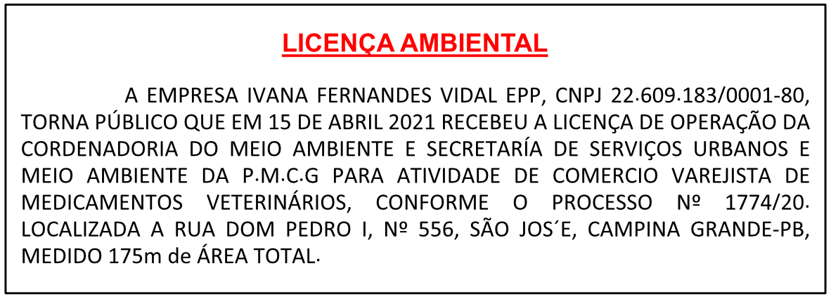 IVANA FERNANDES VIDAL EPP – LICENÇA AMBIENTAL