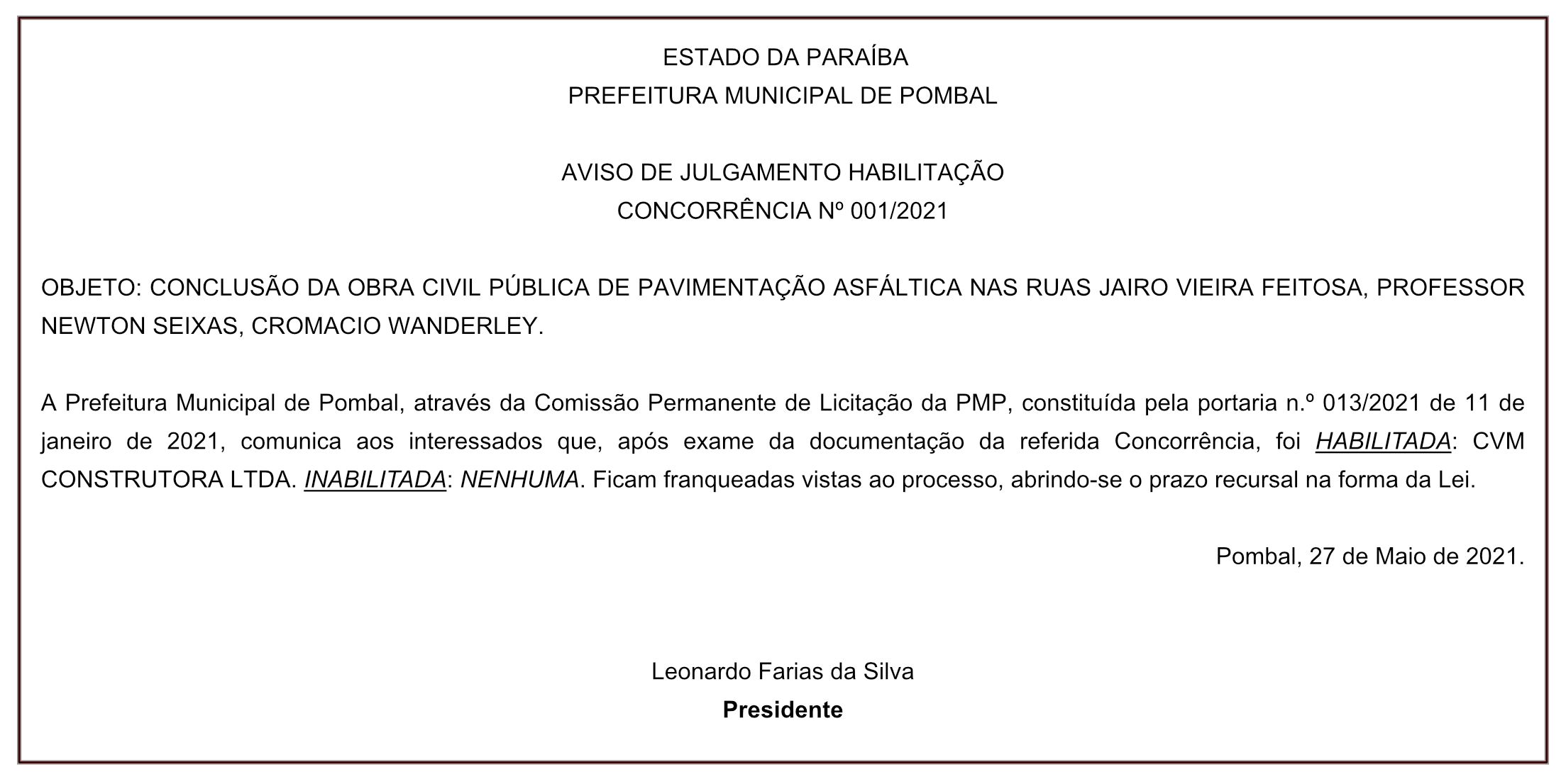 PREFEITURA MUNICIPAL DE POMBAL – AVISO DE JULGAMENTO – HABILITAÇÃO – CONCORRÊNCIA Nº 001/2021