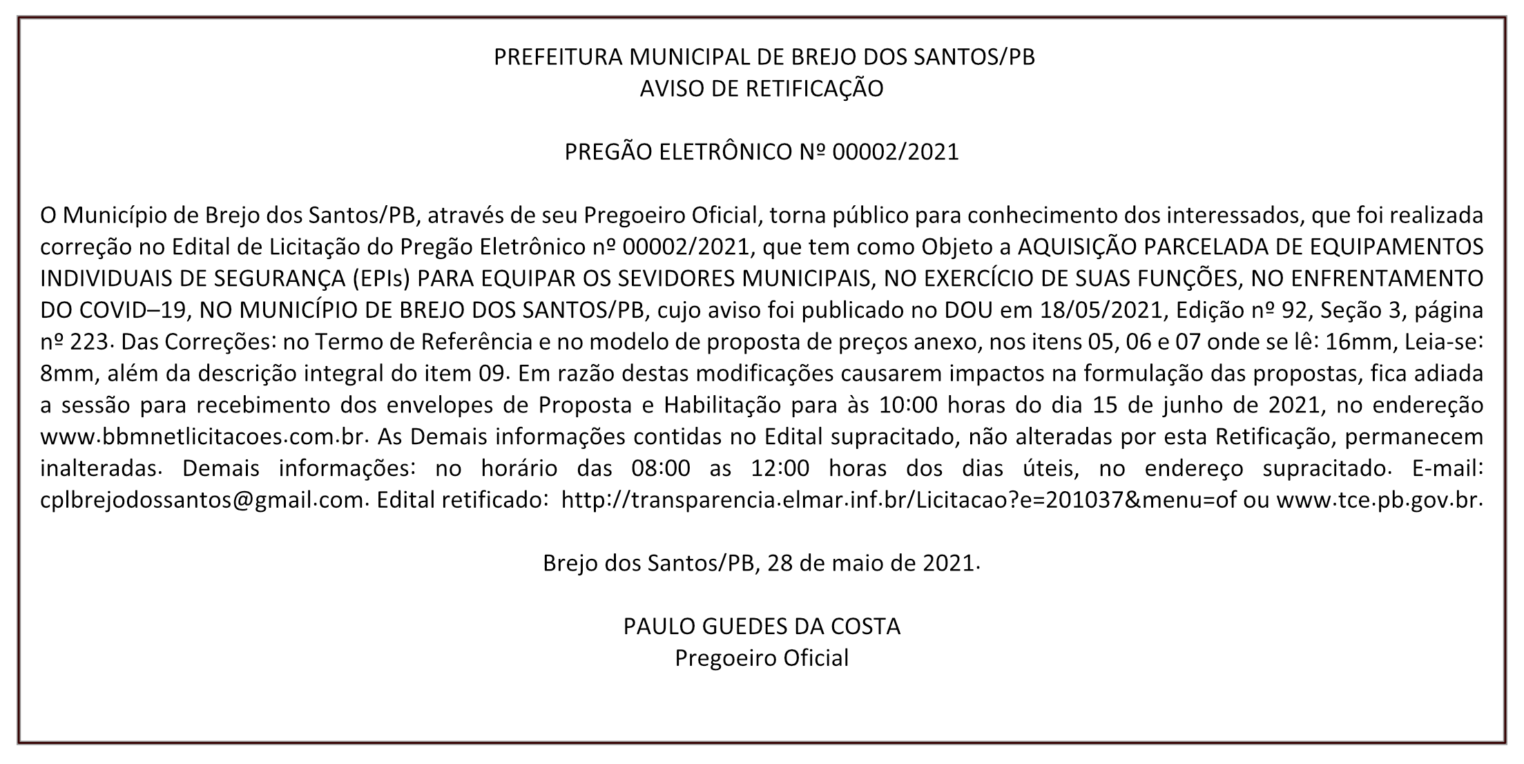 PREFEITURA MUNICIPAL DE BREJO DOS SANTOS – AVISO DE RETIFICAÇÃO – PREGÃO ELETRÔNICO Nº 00002/2021