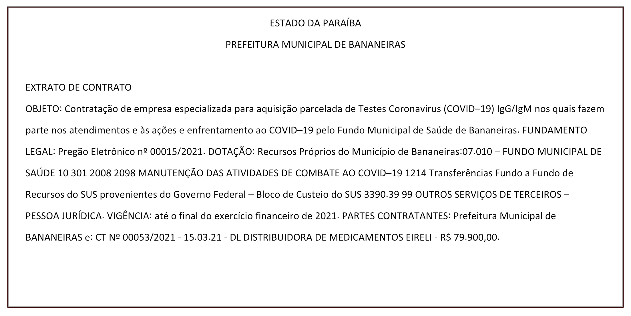 PREFEITURA MUNICIPAL DE BANANEIRAS – EXTRATO DE CONTRATO