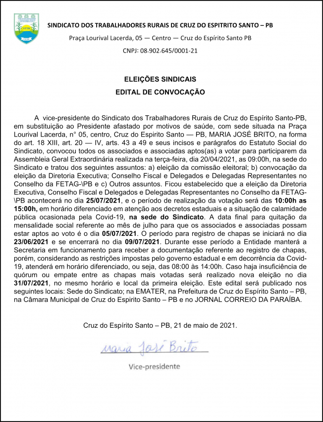 SINDICATO DOS TRABALHADORES RURAIS DE CRUZ DO ESPIRITO SANTO – PB – ELEIÇÕES SINDICAIS -EDITAL DE CONVOCAÇÃO