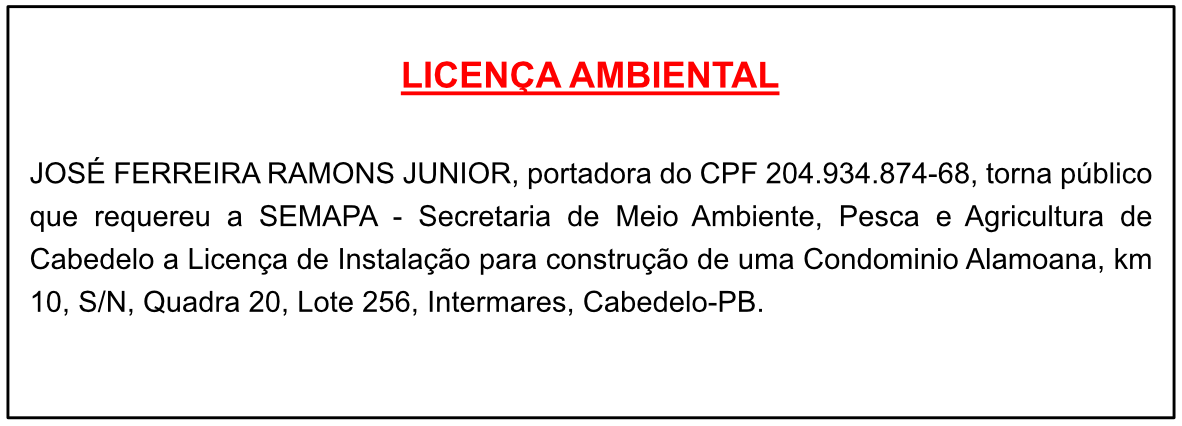 JOSÉ FERREIRA RAMONS JUNIOR – LICENÇA AMBIENTAL