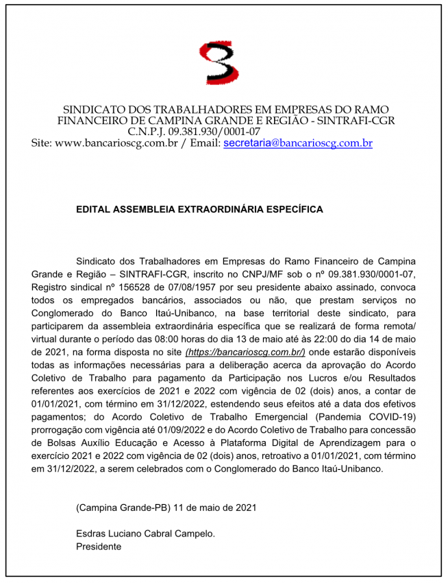 SINTRAFI-CGR – EDITAL ASSEMBLEIA EXTRAORDINÁRIA ESPECÍFICA