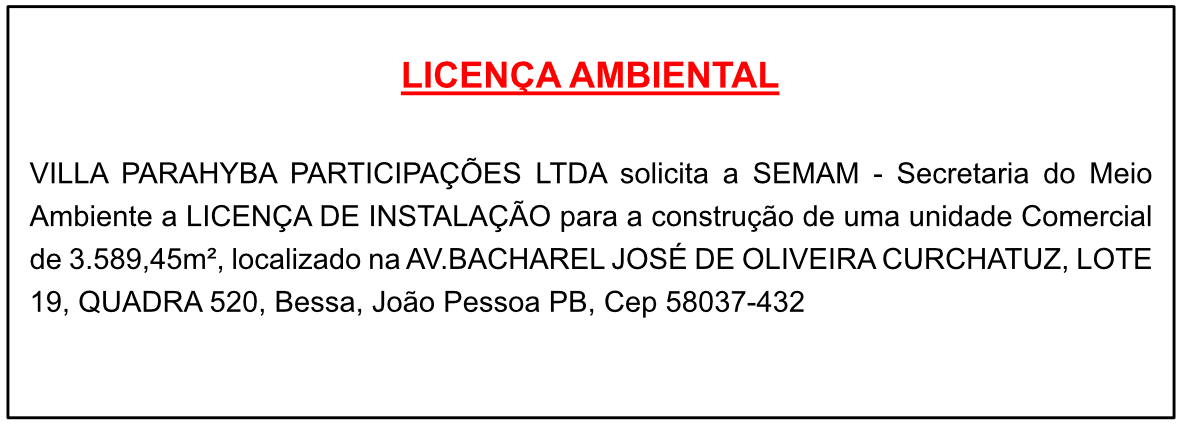 VILLA PARAHYBA PARTICIPAÇÕES LTDA – Licença Ambiental