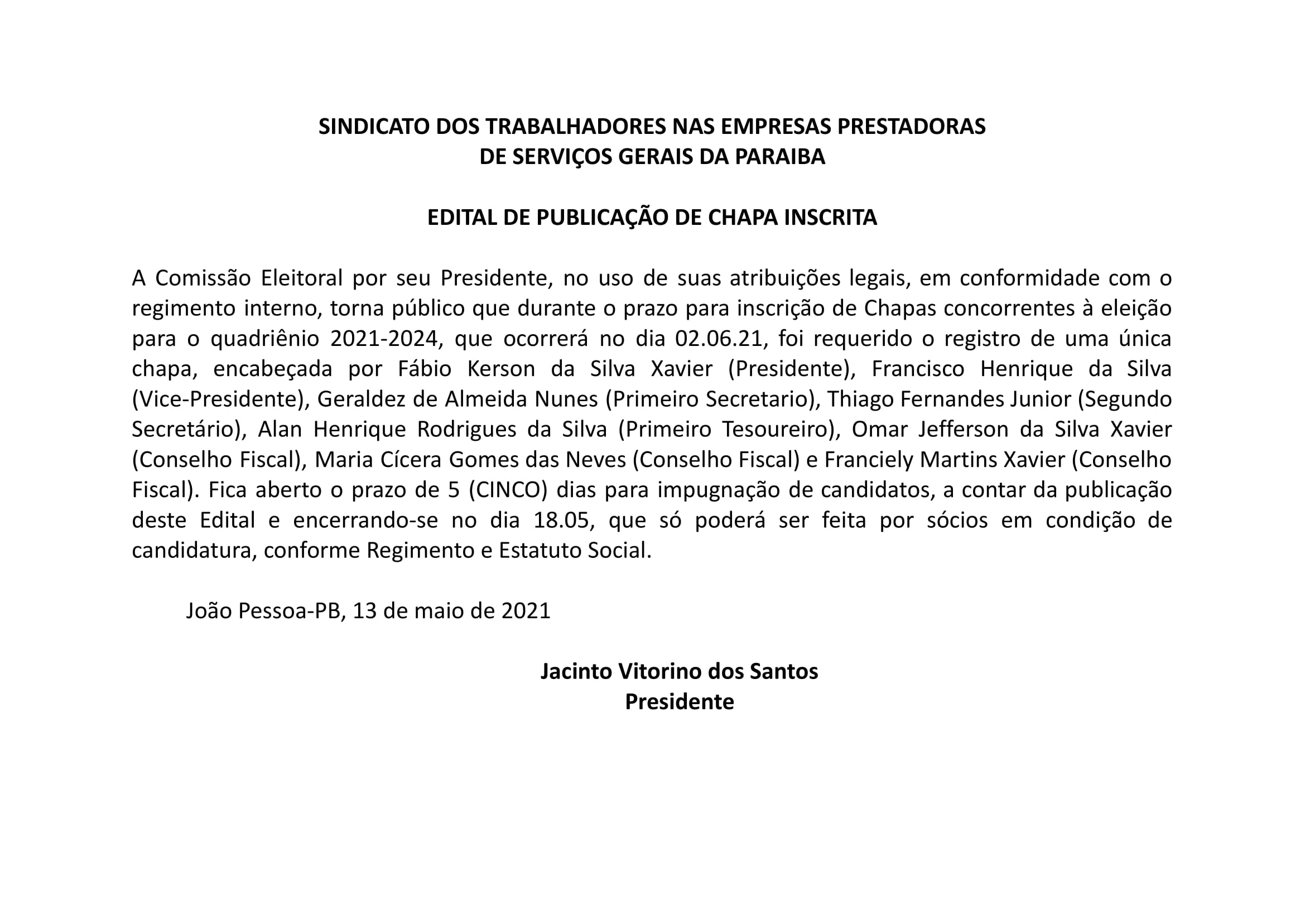 SINTEG/PB – EDITAL DE PUBLICAÇÃO DE CHAPA INSCRITA