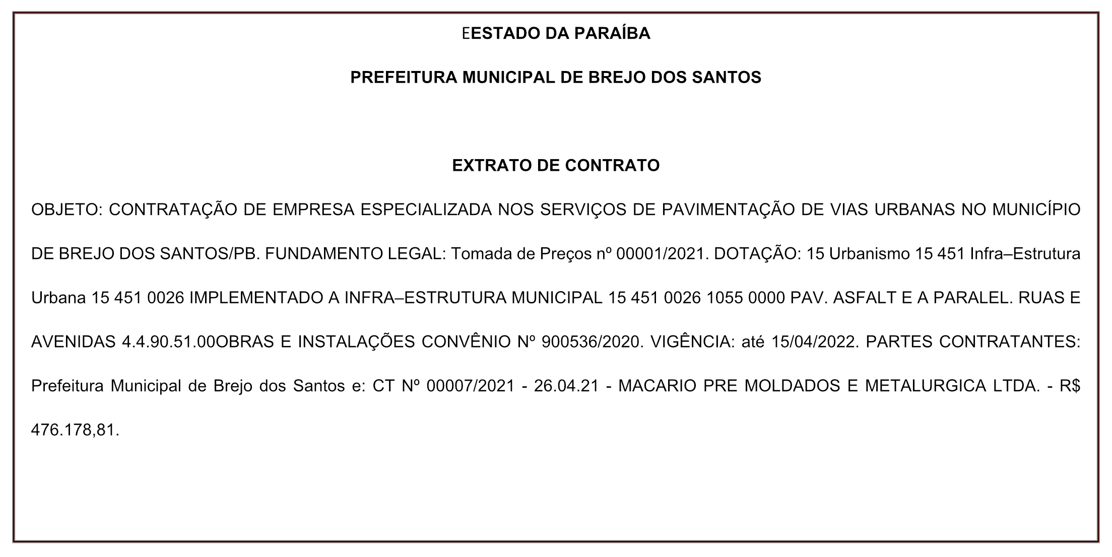 PREFEITURA MUNICIPAL DE BREJO DOS SANTOS – EXTRATO DE CONTRATO