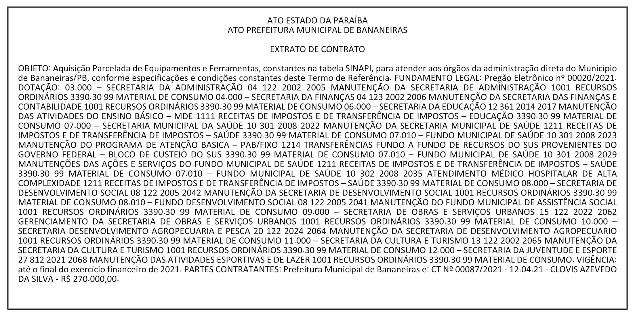 PREFEITURA MUNICIPAL DE BANANEIRAS – EXTRATO DE CONTRATO