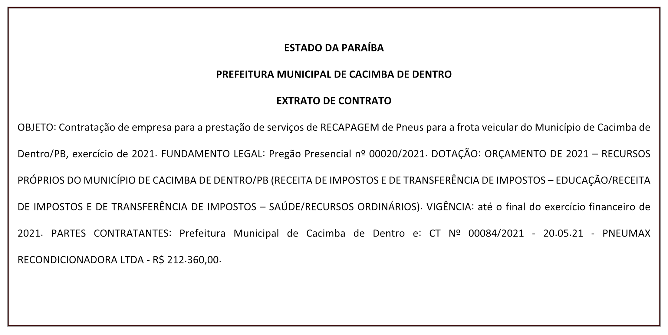 PREFEITURA MUNICIPAL DE CACIMBA DE DENTRO – EXTRATO DE CONTRATO