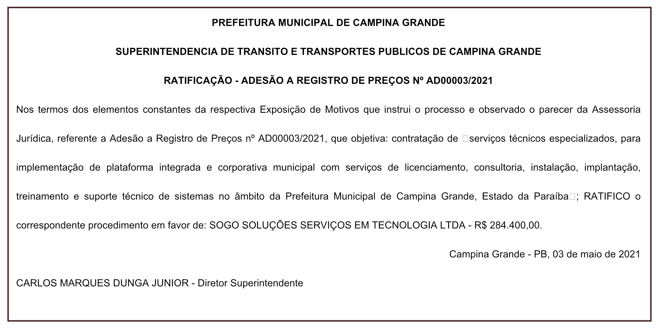 STTP – RATIFICAÇÃO – ADESÃO A REGISTRO DE PREÇOS Nº AD00003/2021
