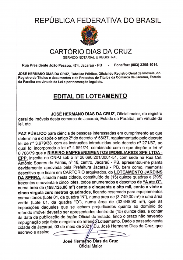 EDITAL DE LOTEAMENTO – Ribeiro Empreendimentos Imobiliários SPE LTDA – EPP