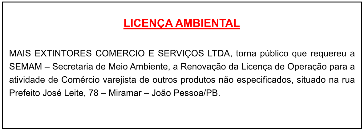 MAIS EXTINTORES COMERCIO E SERVIÇOS LTDA – LICENÇA AMBIENTAL
