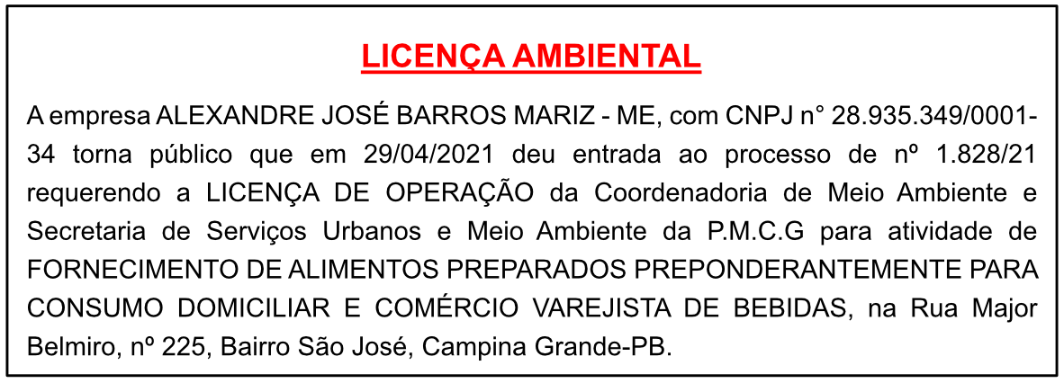 ALEXANDRE JOSÉ BARROS MARIZ – ME – Licença Ambiental