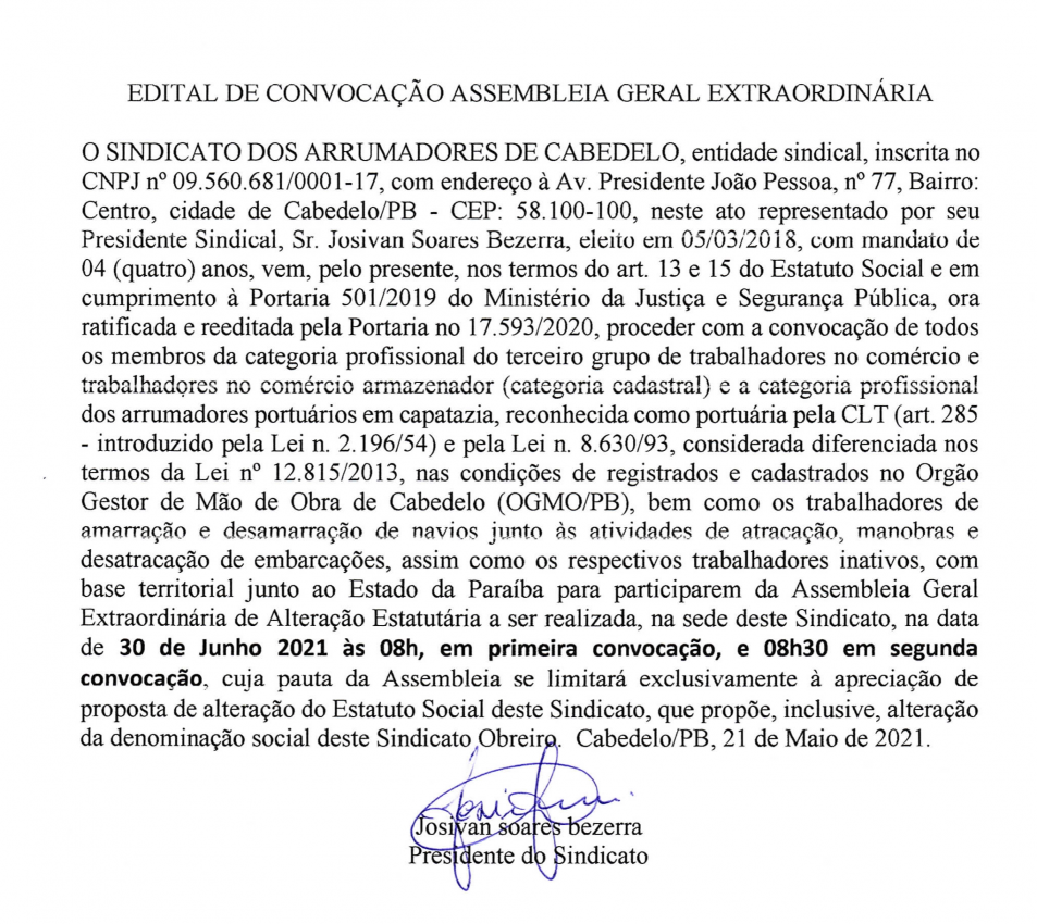 SINDICATO DOS ARRUMADORES DE CABEDELO – EDITAL CONVOCAÇÃO DE ASSEMBLEIA GERAL EXTRAORDINÁRIA