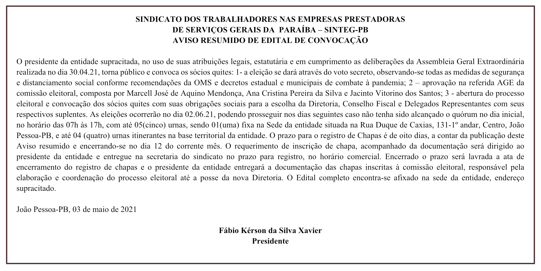 Sinteg – PB –  Aviso Resumo de Edital de Convocação