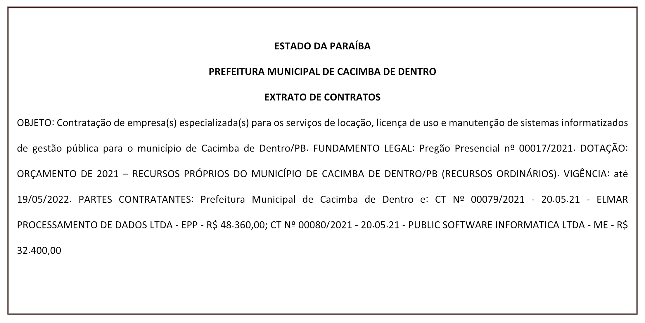 PREFEITURA MUNICIPAL DE CACIMBA DE DENTRO – EXTRATO DE CONTRATOS