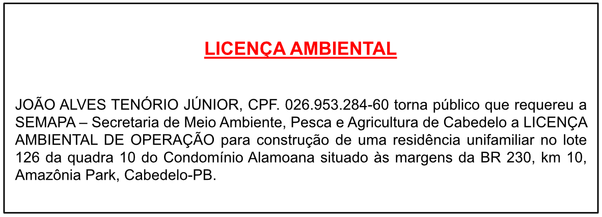 JOÃO ALVES TENÓRIO JÚNIOR – LICENÇA AMBIENTAL