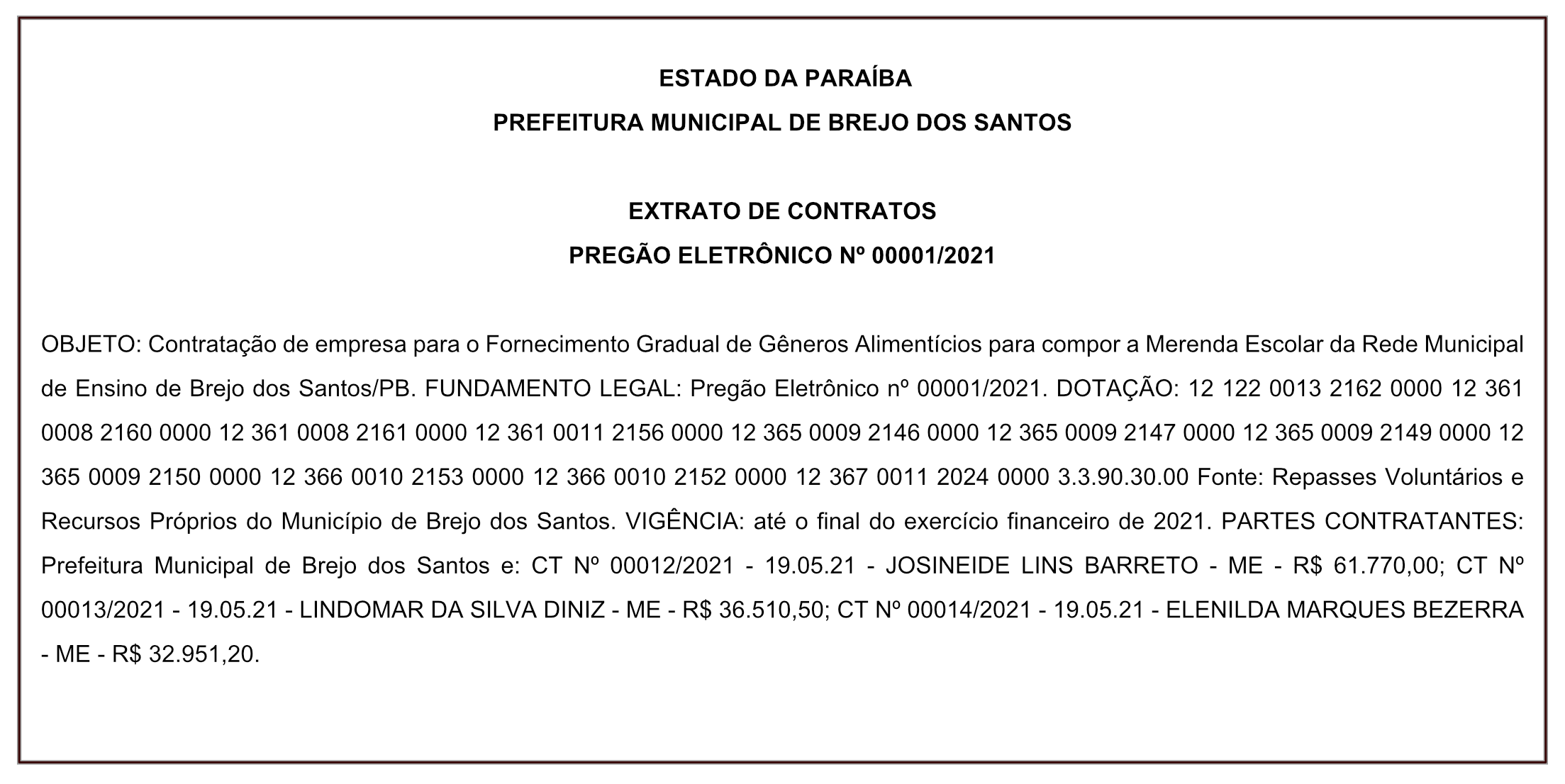 PREFEITURA MUNICIPAL DE BREJO DOS SANTOS – EXTRATO DE CONTRATOS – PREGÃO ELETRÔNICO Nº 00001/2021