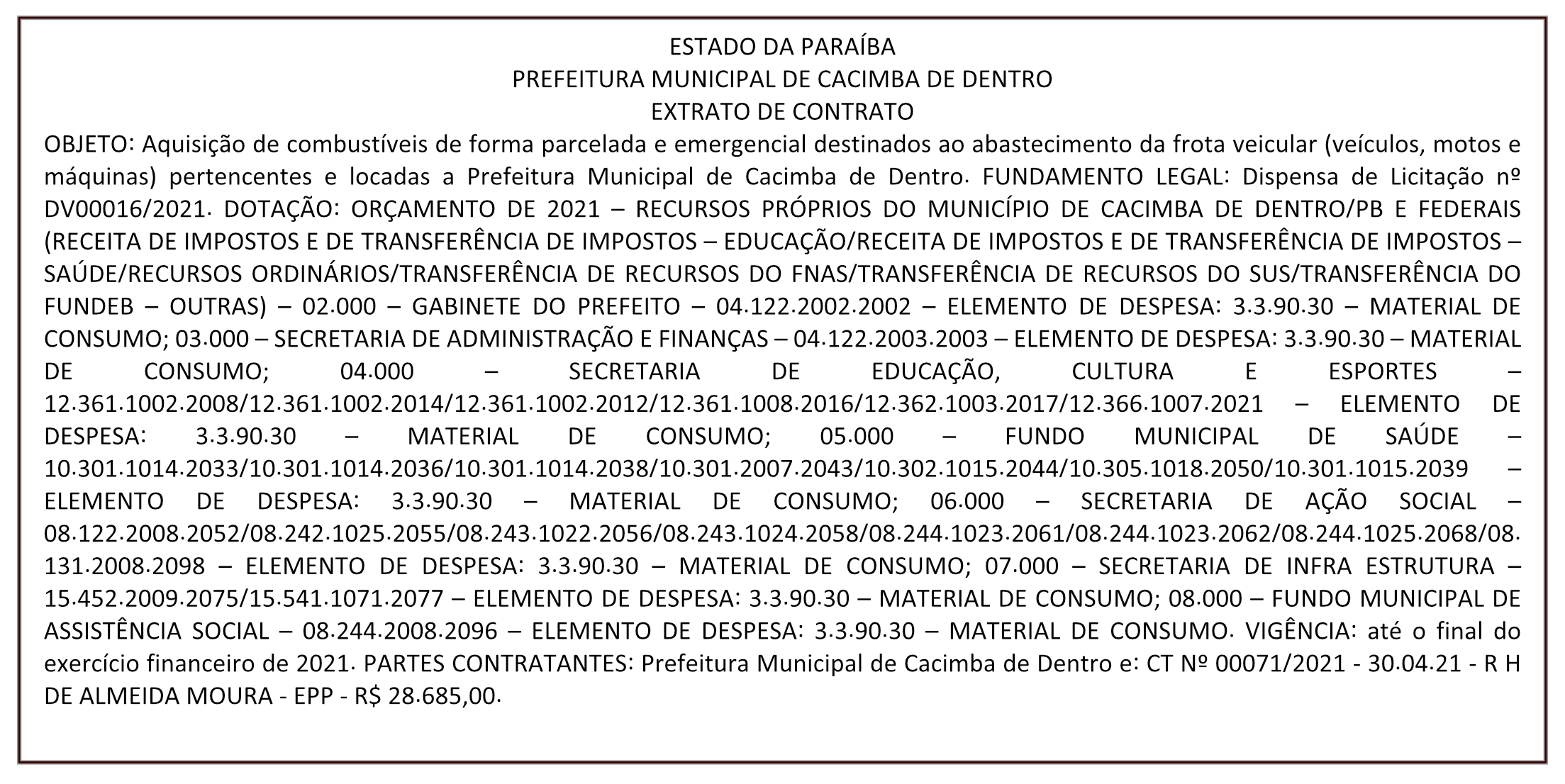 PREFEITURA MUNICIPAL DE CACIMBA DE DENTRO – EXTRATO DE CONTRATO