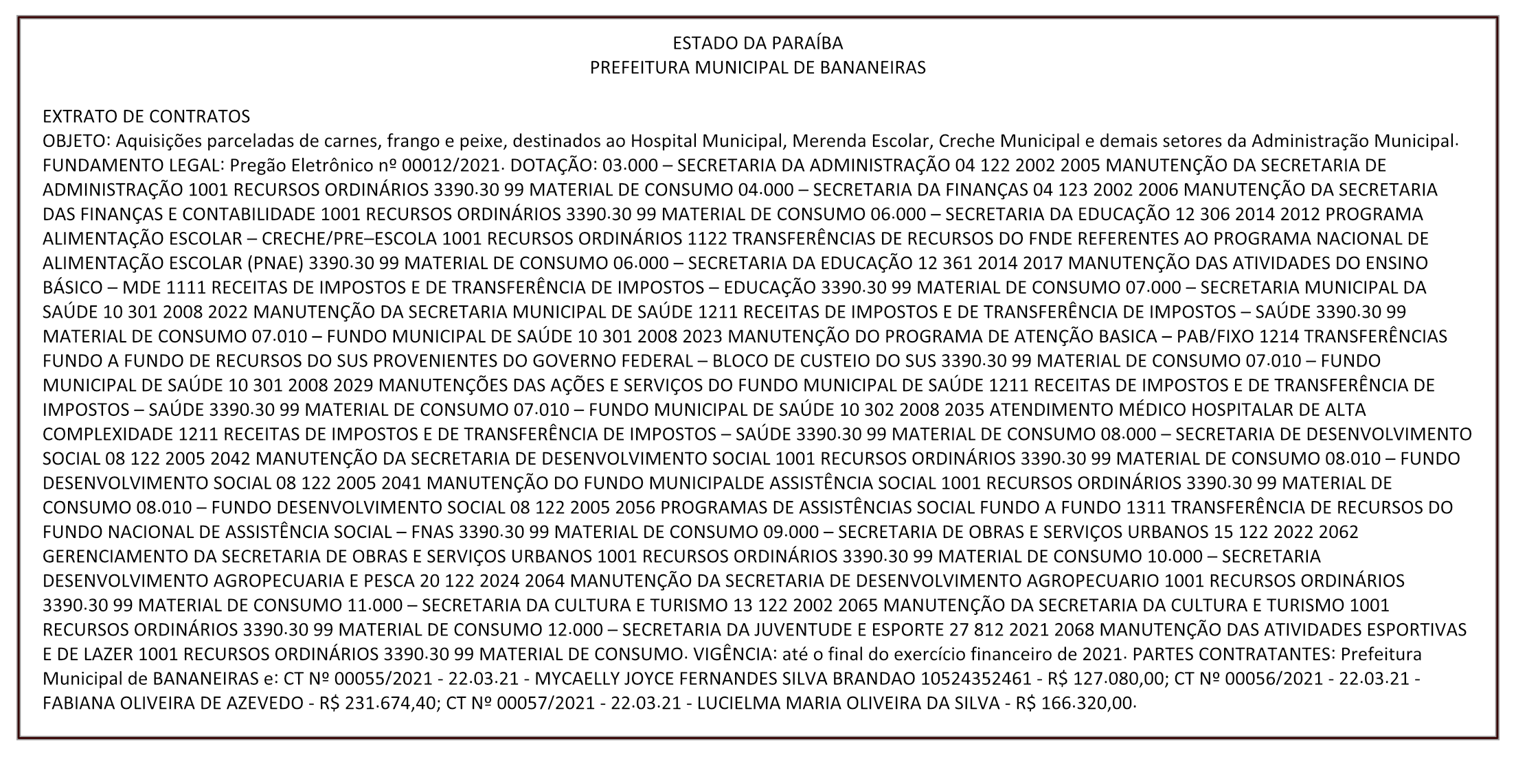 PREFEITURA MUNICIPAL DE BANANEIRAS – EXTRATO DE CONTRATOS