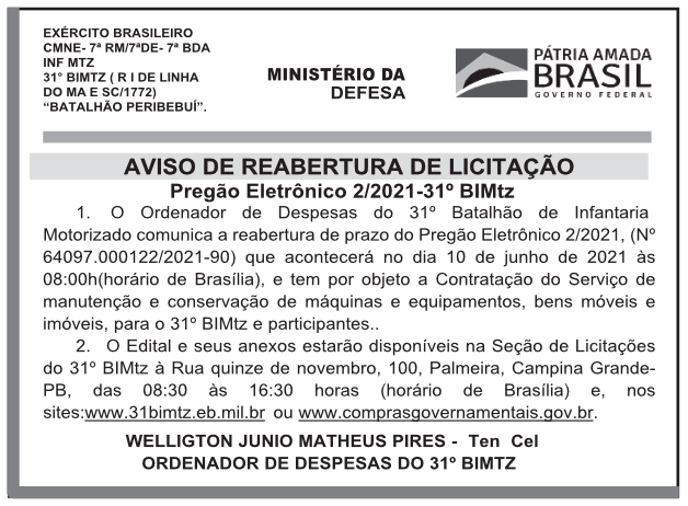 31º BIMtz – AVISO DE REABERTURA DE LICITAÇÃO – Pregão Eletrônico 2/2021
