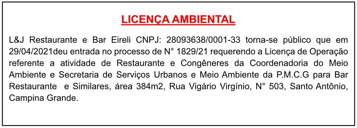 L&J Restaurante e Bar Eireli – Licença Ambiental