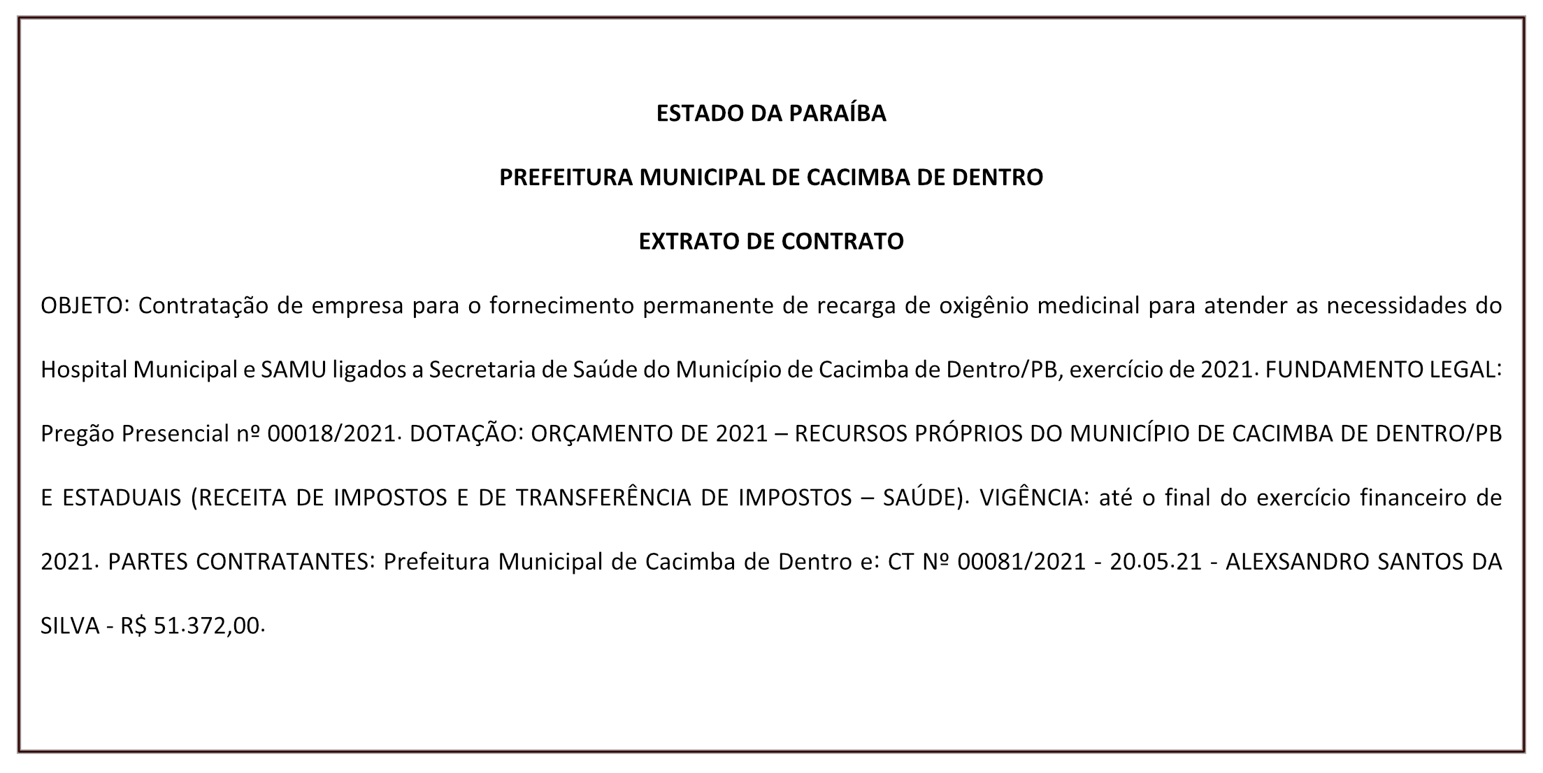 PREFEITURA MUNICIPAL DE CACIMBA DE DENTRO – EXTRATO DE CONTRATO