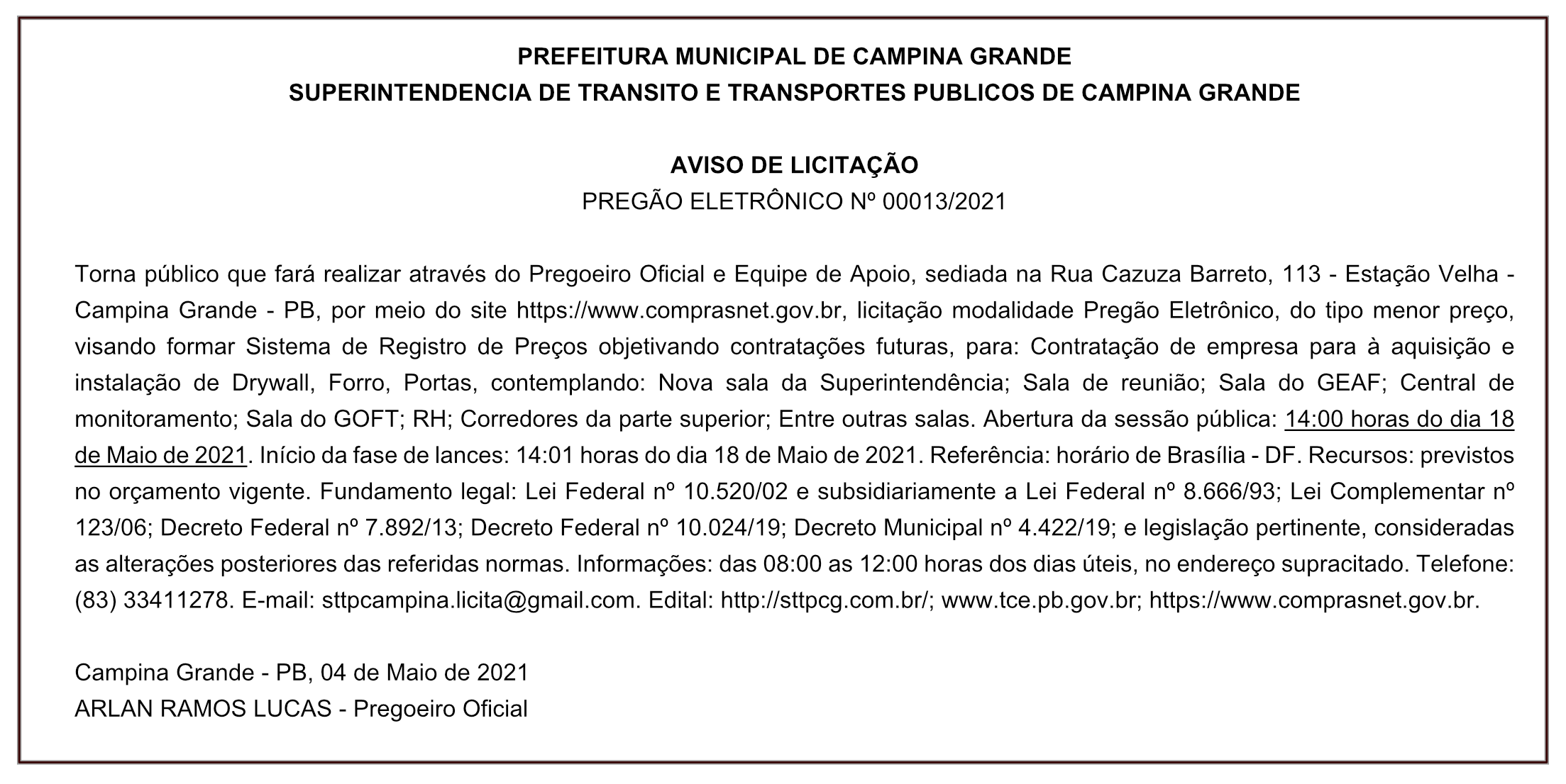 STTP – AVISO DE LICITAÇÃO PREGÃO ELETRÔNICO Nº 00013/2021