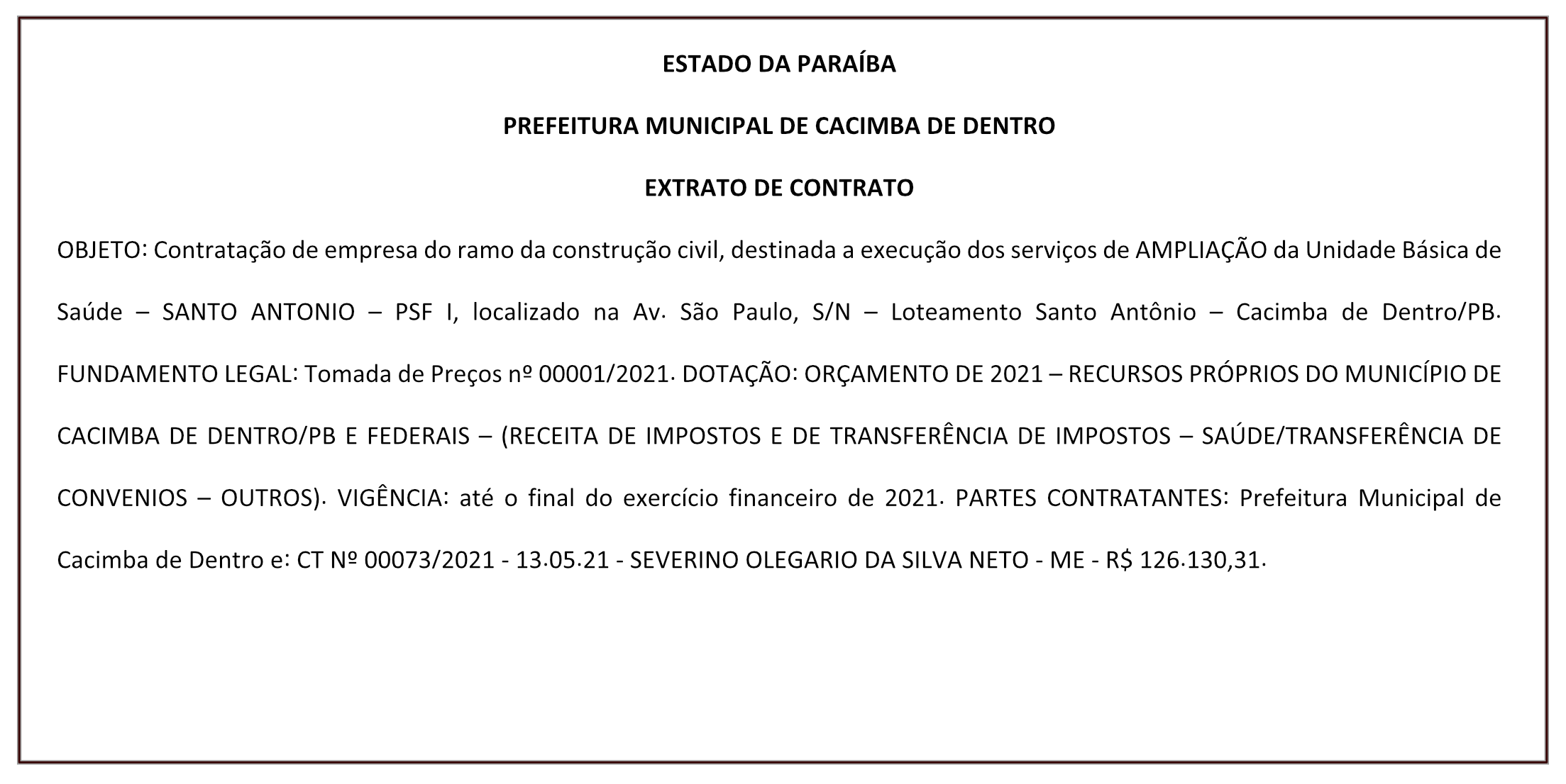 PREFEITURA MUNICIPAL DE CACIMBA DE DENTRO – EXTRATO DE CONTRATO