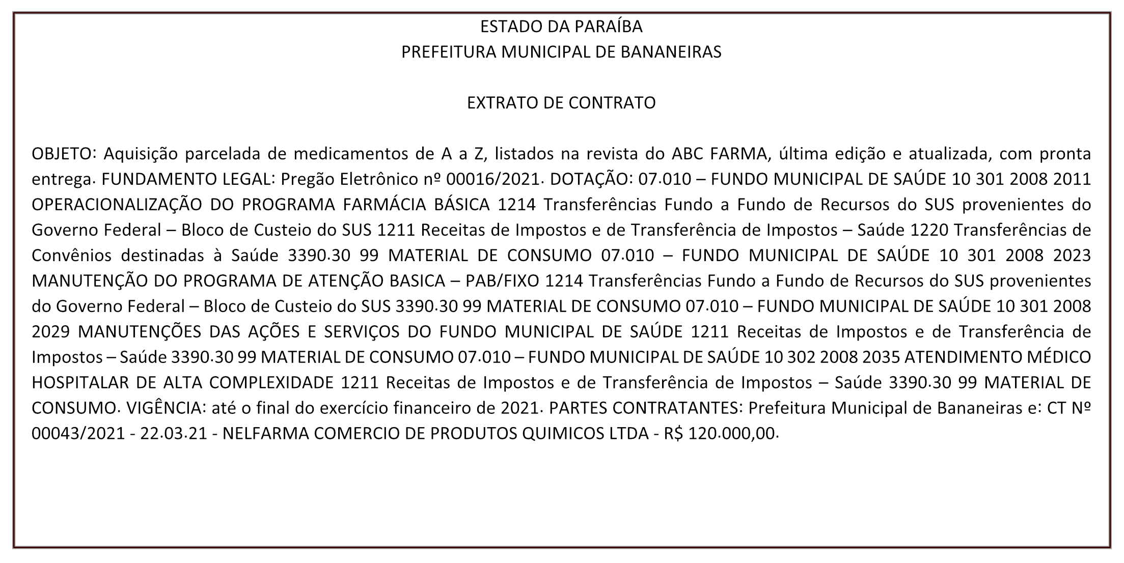 PREFEITURA MUNICIPAL DE BANANEIRAS – EXTRATO DE CONTRATO