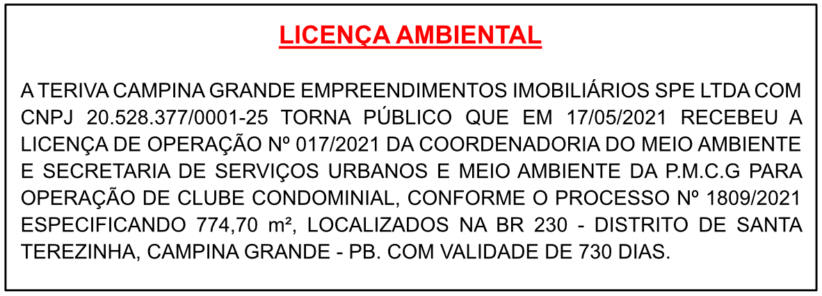 TERIVA CAMPINA GRANDE EMPREENDIMENTOS IMOBILIÁRIOS SPE LTDA – LICENÇA AMBIENTAL
