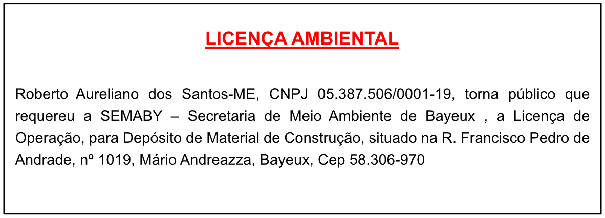 Roberto Aureliano dos Santos-ME – LICENÇA AMBIENTAL