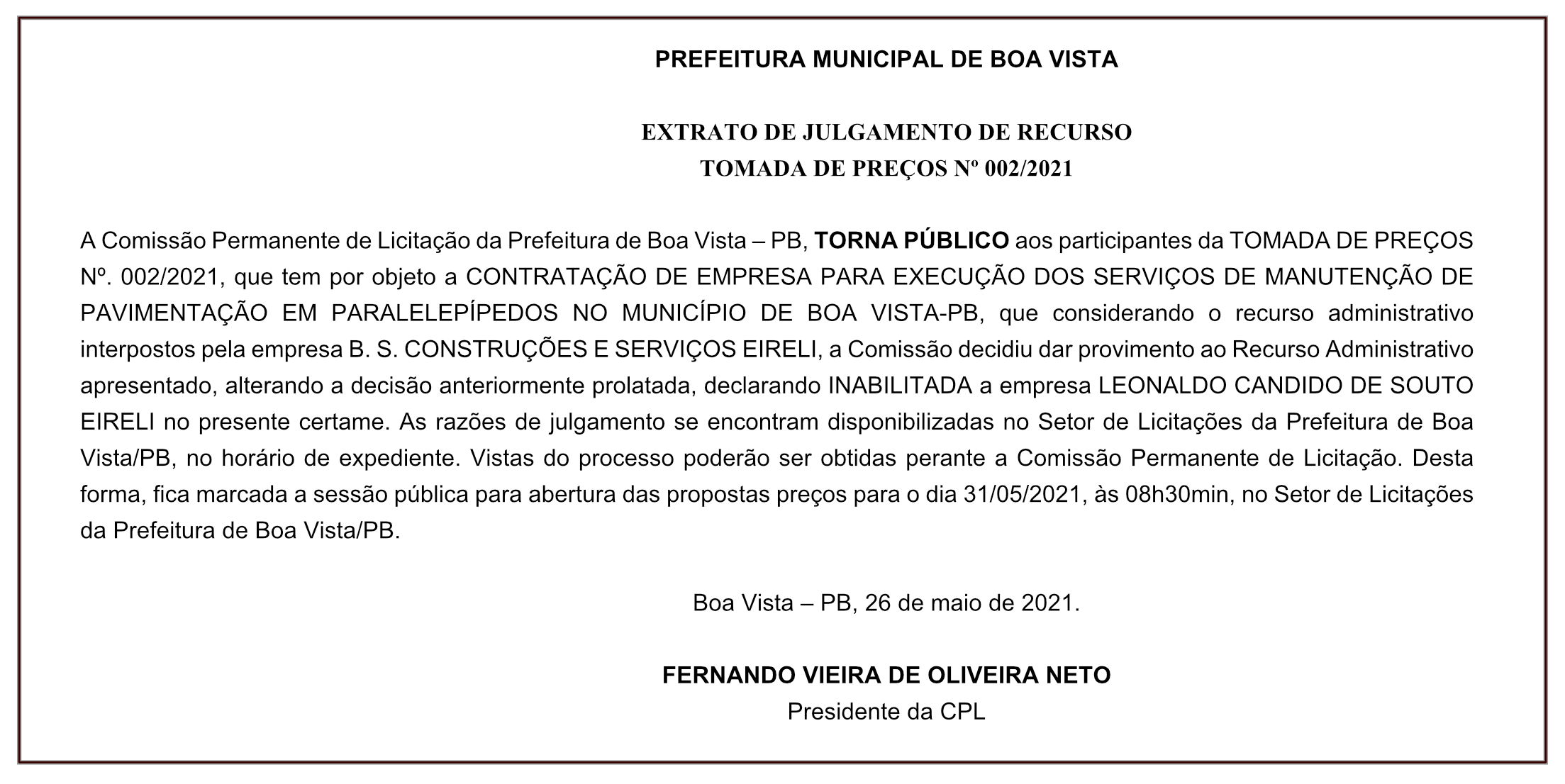 PREFEITURA MUNICIPAL DE BOA VISTA – EXTRATO DE JULGAMENTO DE RECURSO – TOMADA DE PREÇOS Nº 002/2021