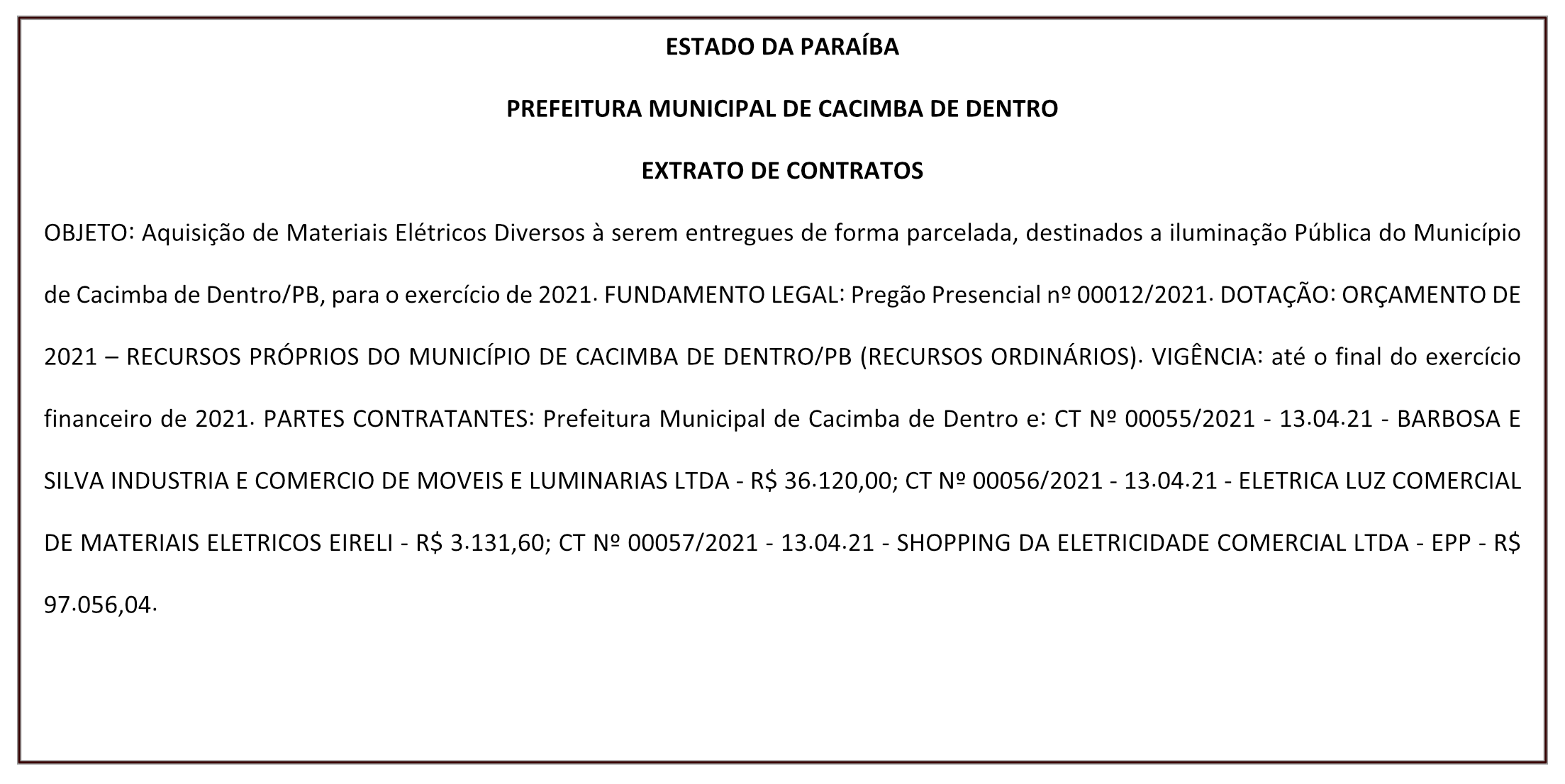 PREFEITURA MUNICIPAL DE CACIMBA DE DENTRO – EXTRATO DE CONTRATOS