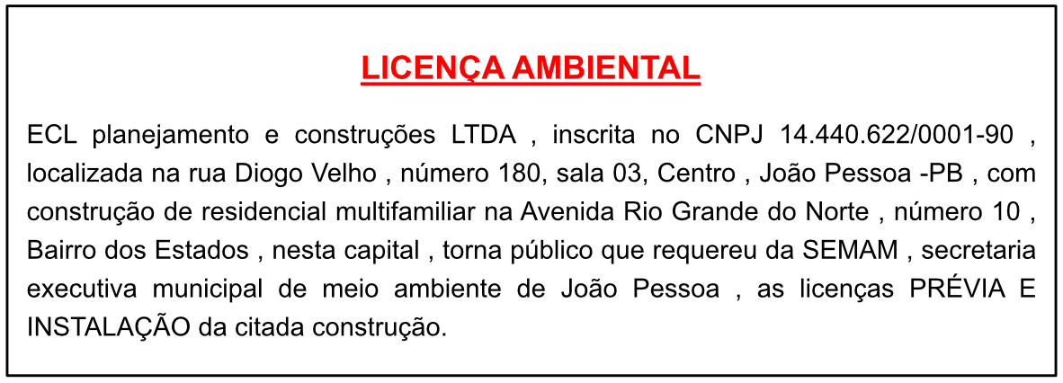 ECL planejamento e construções LTDA – Licença Ambiental