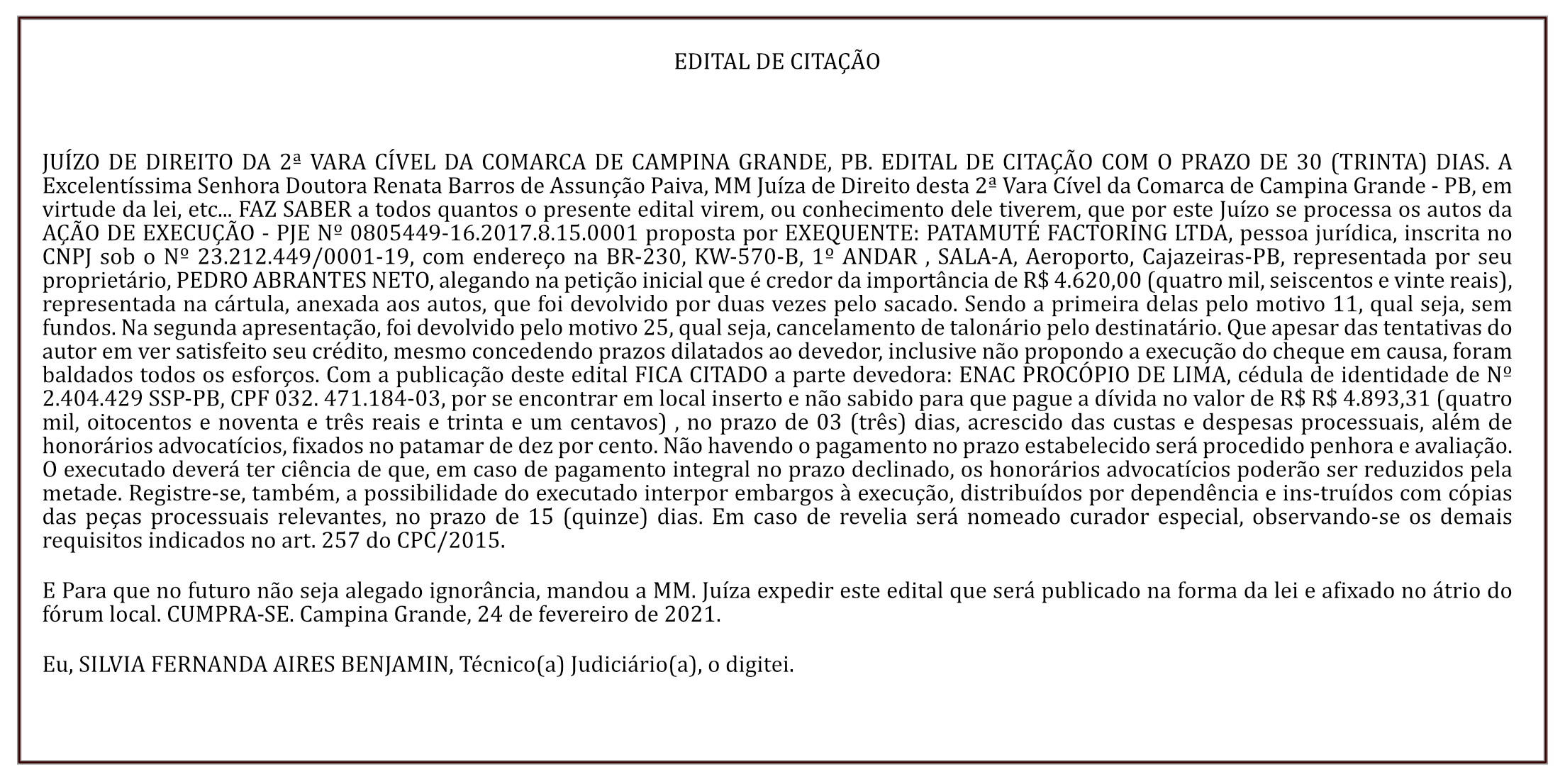 PATAMUTÉ FACTORING LTDA – edital de citação