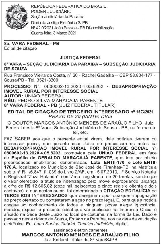 MDR – DF – BRASÍLIA – Edital de citação de terceiros – Pedro Silva Maracajá Parente