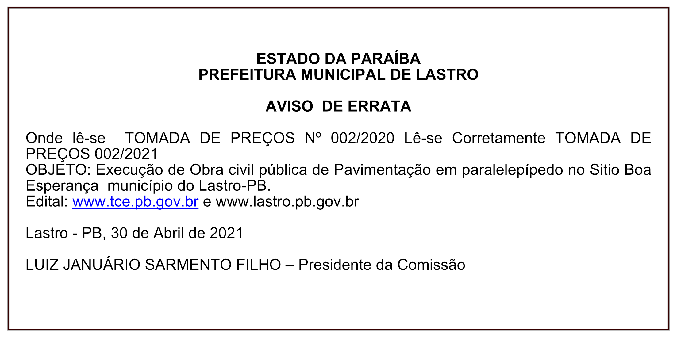 PREFEITURA MUNICIPAL DE LASTRO – AVISO DE ERRATA