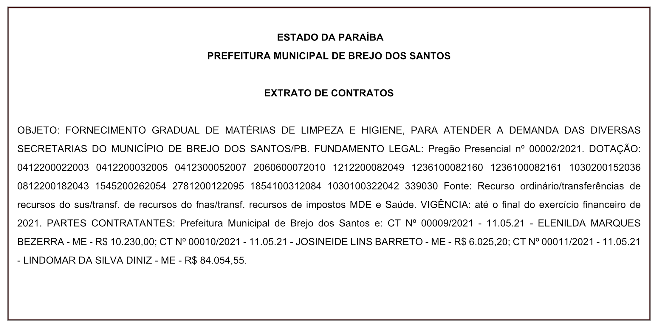 PREFEITURA MUNICIPAL DE BREJO DOS SANTOS – EXTRATO DE CONTRATOS