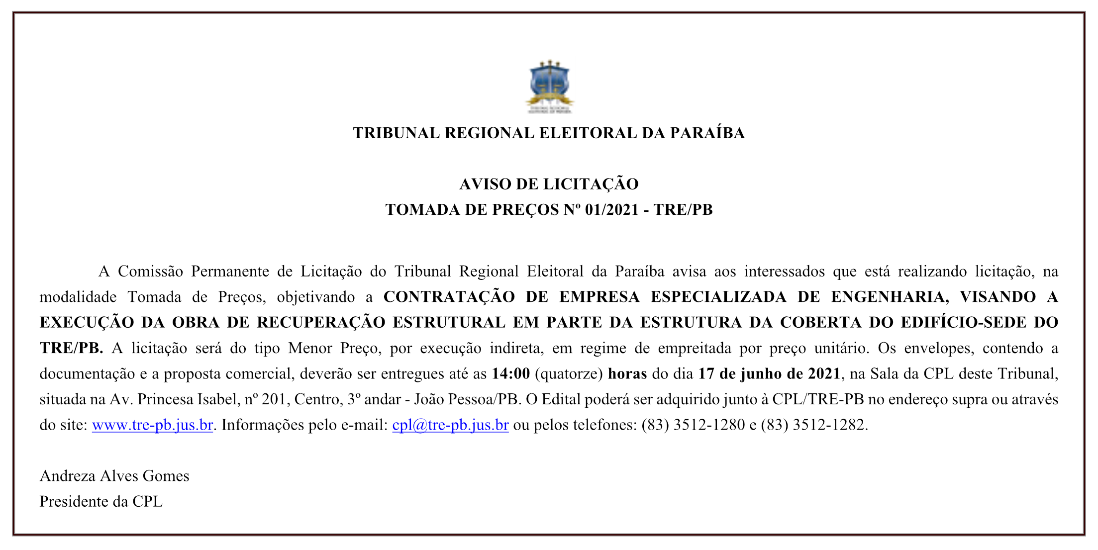 TRE – AVISO DE LICITAÇÃO – TOMADA DE PREÇOS Nº 01/2021