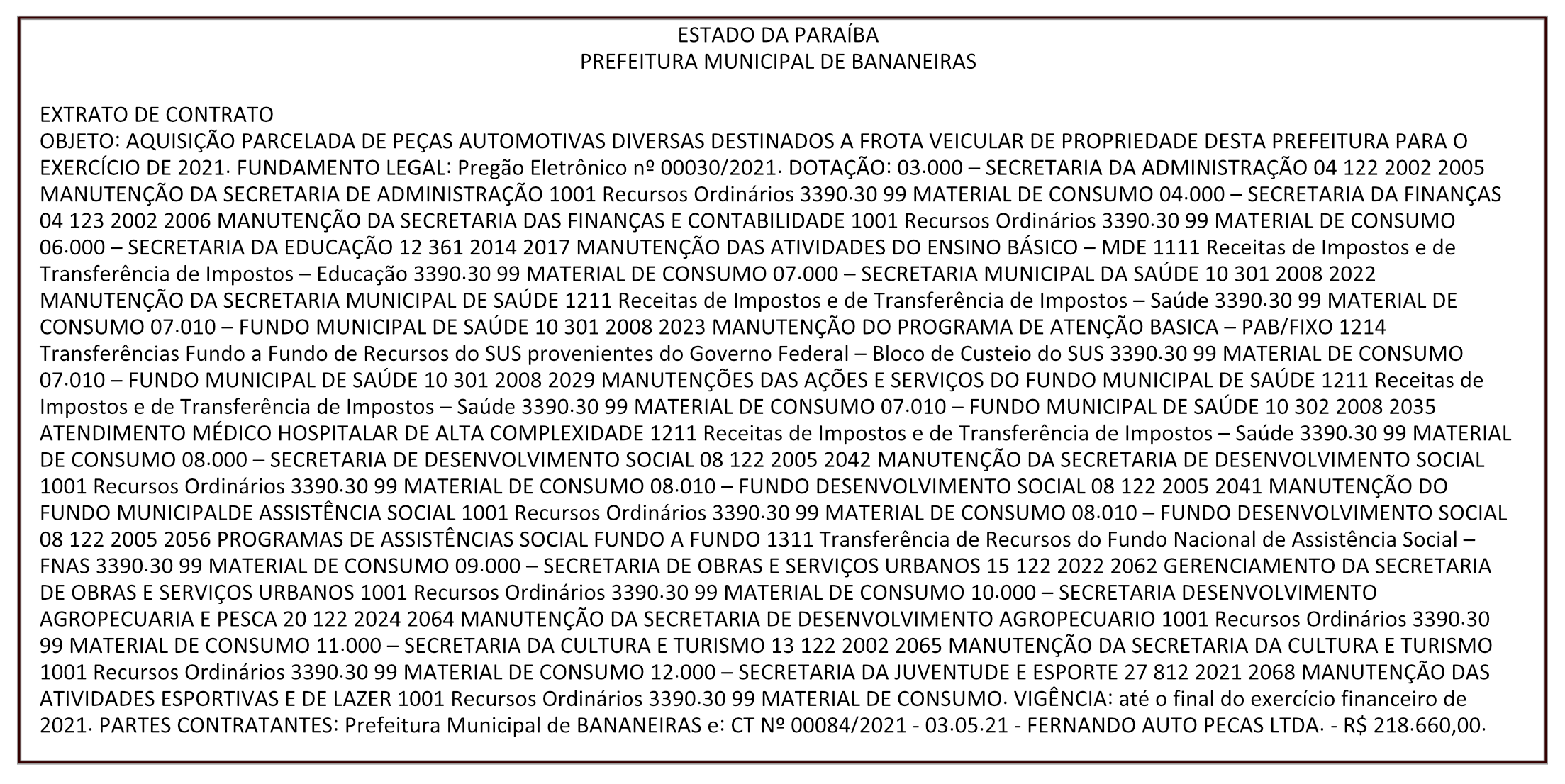 PREFEITURA MUNICIPAL DE BANANEIRAS – EXTRATO DE CONTRATO