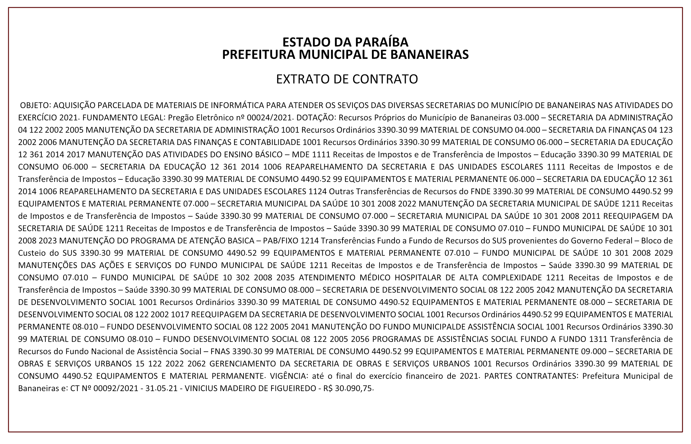 PREFEITURA MUNICIPAL DE BANANEIRAS – EXTRATO DE CONTRATO