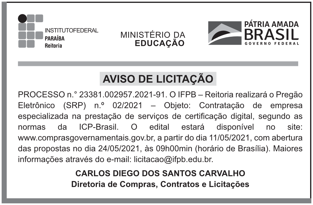 IFPB – EDITAL – PREGÃO ELETRÔNICO (SRP) n.° 02/2021 – IFPB REITORIA
