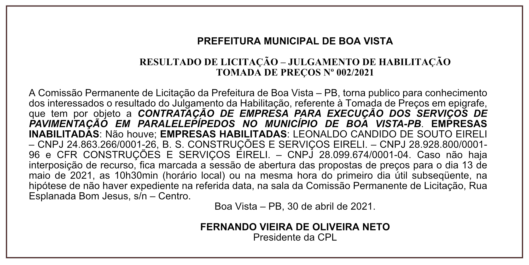 PREFEITURA MUNICIPAL DE BOA VISTA – RESULTADO DE LICITAÇÃO – JULGAMENTO DE  HABILITAÇÃO – TOMADA DE PREÇOS Nº 002/2021