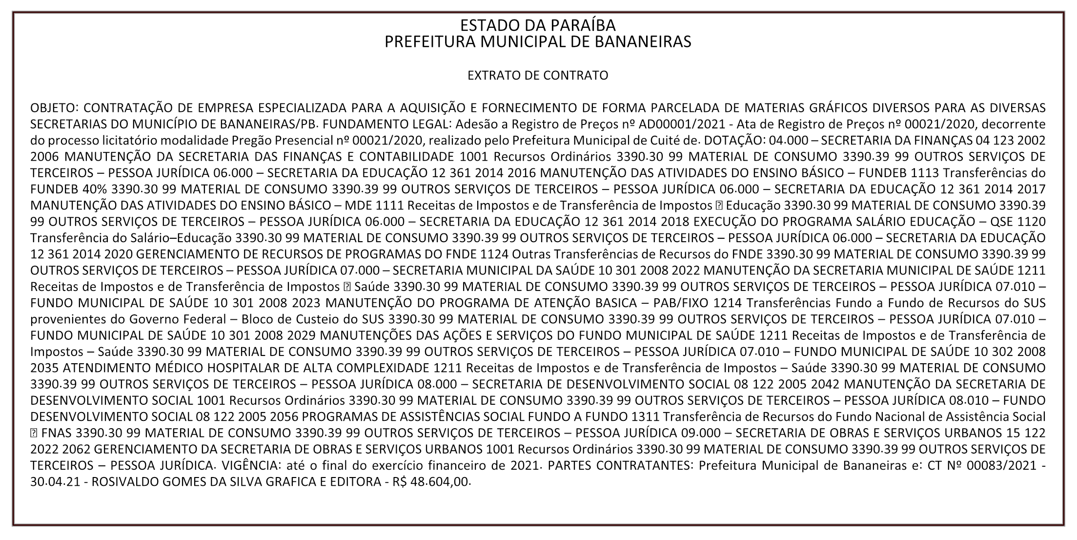PREFEITURA MUNICIPAL DE BANANEIRAS – EXTRATO DE CONTRATO