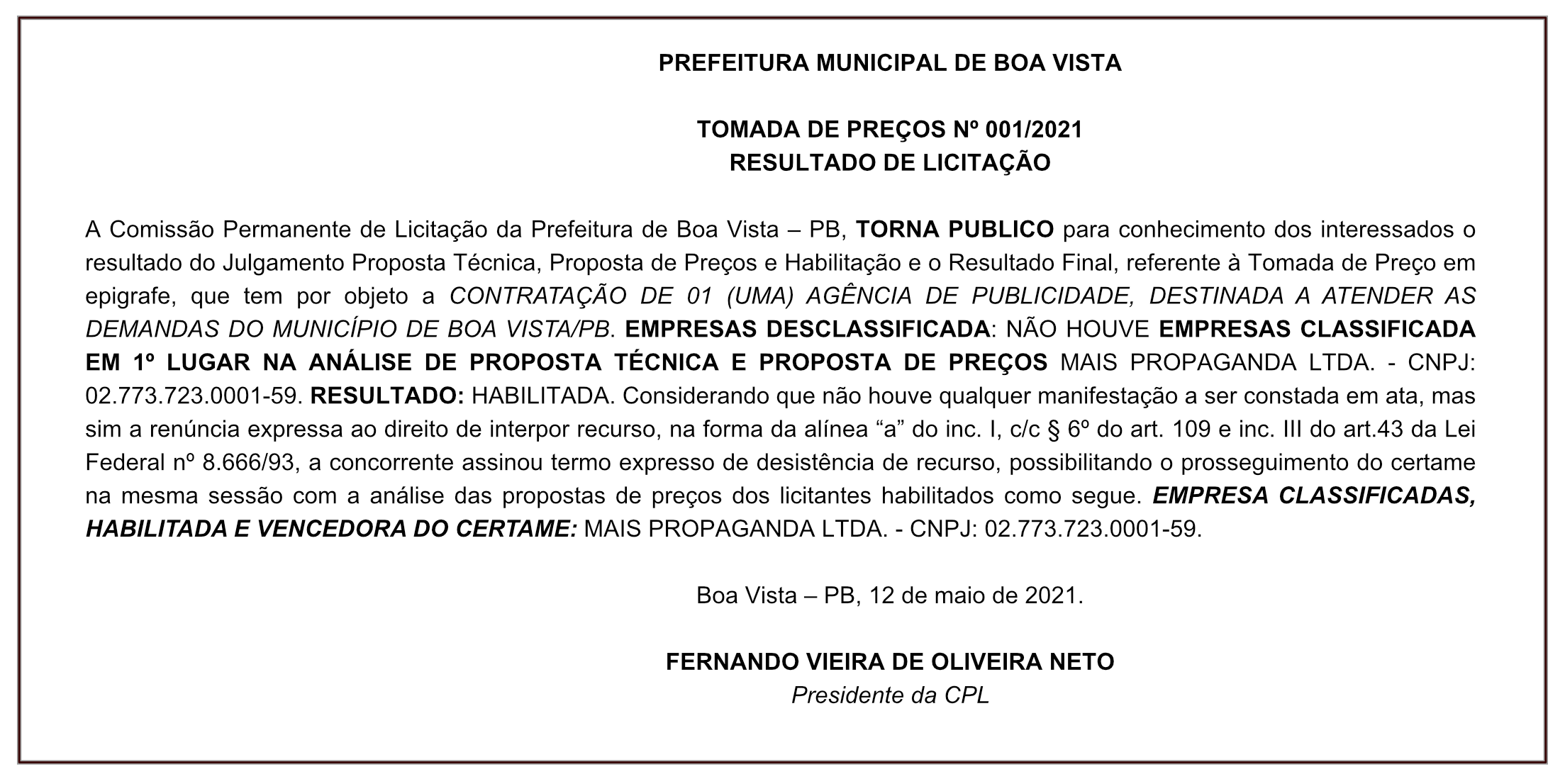 PREFEITURA MUNICIPAL DE BOA VISTA – TOMADA DE PREÇOS Nº 001/2021 – RESULTADO DE LICITAÇÃO