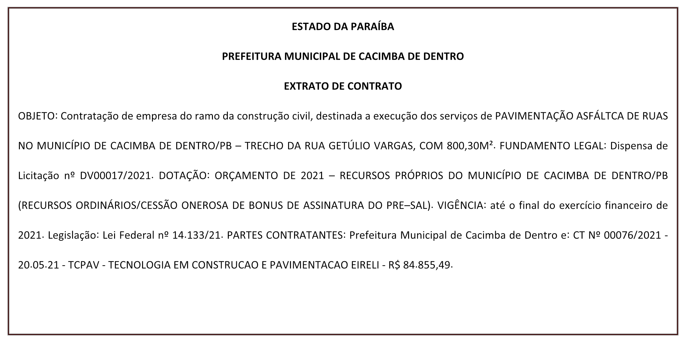 PREFEITURA MUNICIPAL DE CACIMBA DE DENTRO – EXTRATO DE CONTRATO